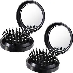 2 Pack Foldable Travel Hair Brush Pocket Mirror, Black, Round 2 Pack Foldable Travel Hair Brush Pocket Mirror, Black, Round