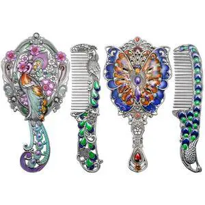 4 Piece Vintage Mirror Comb Set, Decorative Peacock Butterfly Shape 4 Piece Vintage Mirror Comb Set, Decorative Peacock Butterfly Shape