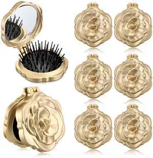 6 Pcs Rose Travel Brush for Women Mini Compact Purse Hair Brush with Mirror Wedding Bridal Bachelorette Favor Portable Pocket Mirror Folding Comb for Hairstyle Birthday Gift(Champagne Gold) 6 Pcs Rose Travel Brush for Women Mini Compact Purse Hair Brush with Mirror Wedding Bridal Bachelorette Favor Portable Pocket Mirror Folding Comb for Hairstyle Birthday Gift(Champagne Gold)