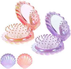 Foldable Travel Hair Brushes with Mirror, Shell Shape Pocket Brush Foldable Comb, Compact Size Hair Massage Comb, Portable Mini Makeup Mirror Set Gifts for Girls (Pink, Purple) Foldable Travel Hair Brushes with Mirror, Shell Shape Pocket Brush Foldable Comb, Compact Size Hair Massage Comb, Portable Mini Makeup Mirror Set Gifts for Girls (Pink, Purple)