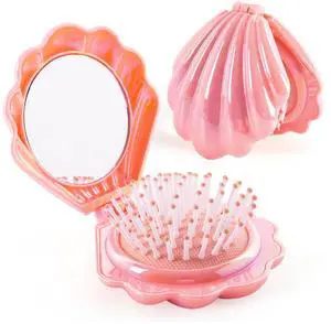 Iridescent Shell Folding Hair Brush with Mirror, Compact Travel Size Mermaid Hair Brush for Purse, Portable Brush Mini Pocket Mirror Massage Comb for Women (PINK) Iridescent Shell Folding Hair Brush with Mirror, Compact Travel Size Mermaid Hair Brush for Purse, Portable Brush Mini Pocket Mirror Massage Comb for Women (PINK)