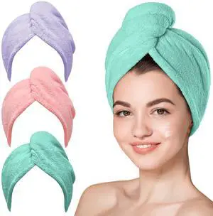 Microfiber Hair Towel Wrap for Women, Pink Purple Green, 3-Pack Microfiber Hair Towel Wrap for Women, Pink Purple Green, 3-Pack