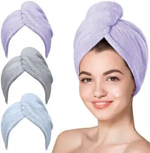 Microfiber Hair Towel Wrap for Women, Purple Blue Grey, 3-Pack Microfiber Hair Towel Wrap for Women, Purple Blue Grey, 3-Pack