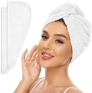 2 Pack Microfiber Hair Towel Wrap for Women, Anti Frizz Quick Drying Hair Turban for All Hair Style, Absorbent and Lightweight (Bright White) 2 Pack Microfiber Hair Towel Wrap for Women, Anti Frizz Quick Drying Hair Turban for All Hair Style, Absorbent and Lightweight (Bright White)