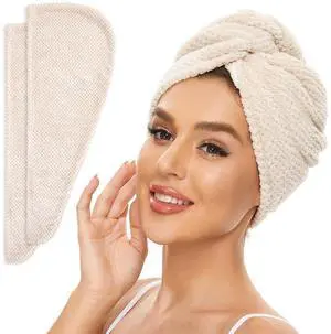 2 Pack Microfiber Hair Towel Wrap for Women, Anti Frizz Quick Drying Hair Turban for All Hair Style, Absorbent and Lightweight (Beige) 2 Pack Microfiber Hair Towel Wrap for Women, Anti Frizz Quick Drying Hair Turban for All Hair Style, Absorbent and Lightweight (Beige)