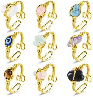 9PCS Crystal Ring Adjustable Wire Wrapped Ring Gemstone Rings Set 9PCS Crystal Ring Adjustable Wire Wrapped Ring Gemstone Rings Set