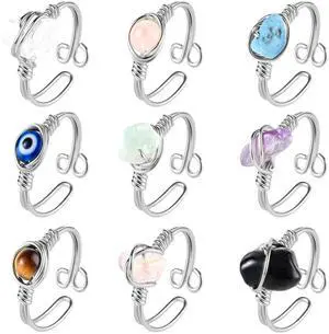 9PCS Crystal Ring Adjustable Wire Wrapped Ring Gemstone Rings Set 9PCS Crystal Ring Adjustable Wire Wrapped Ring Gemstone Rings Set