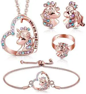 4 Pcs Girl Unicorn Axolotl Jewelry Set Unicorn Axolotl Bracelet Ring Stud Earring Crystal Pendant Jewelry for Toddler(Rose Gold,Cute Unicorn) 4 Pcs Girl Unicorn Axolotl Jewelry Set Unicorn Axolotl Bracelet Ring Stud Earring Crystal Pendant Jewelry for Toddler(Rose Gold,Cute Unicorn)