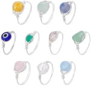 10Pcs Chakra Crystal Rings 10 Styles Gemstone Rings Copper Wire Wrapped Ring Irregular Colorful Gem Ring for Women(Sliver) 10Pcs Chakra Crystal Rings 10 Styles Gemstone Rings Copper Wire Wrapped Ring Irregular Colorful Gem Ring for Women(Sliver)