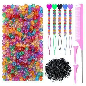 1008 Pcs Hair Beads Kit for Girls Hair Braids, 500Pcs 9x6mm Glitter Pony Beads, 500Pcs Mini Elastic Rubber Bands, 5Pcs Quick Beaders, 1Pcs Rattail Comb and 2Pcs Duckbill Clips 1008 Pcs Hair Beads Kit for Girls Hair Braids, 500Pcs 9x6mm Glitter Pony Beads, 500Pcs Mini Elastic Rubber Bands, 5Pcs Quick Beaders, 1Pcs Rattail Comb and 2Pcs Duckbill Clips