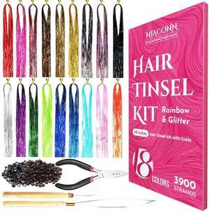 Glitter Hair Tinsel Extensions Kit 18 Colors with Tools and Beads, 48 Inch Sparkly Fairy Colorful Tensile Strands Shiny Hair Accessories for Women Girls Kids Glitter Hair Tinsel Extensions Kit 18 Colors with Tools and Beads, 48 Inch Sparkly Fairy Colorful Tensile Strands Shiny Hair Accessories for Women Girls Kids