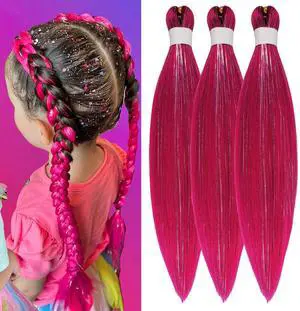 Magenta Pink Tinsel Kids Braiding Hair Pre stretched for Glitter Braids Magenta Pink Tinsel Kids Braiding Hair Pre stretched for Glitter Braids