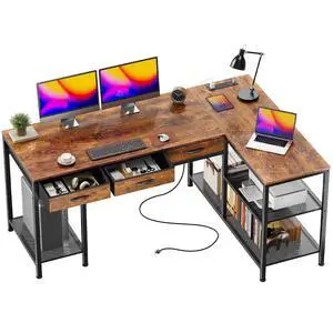 55 Inch L Shaped Office Desk with Power Outlets and Type-C Port, Large Computer Gaming Desk with 3 Fabric Drawers, Mesh Shelves, Corner Study Work Writing Desk, Rustic Brown 55 Inch L Shaped Office Desk with Power Outlets and Type-C Port, Large Computer Gaming Desk with 3 Fabric Drawers, Mesh Shelves, Corner Study Work Writing Desk, Rustic Brown