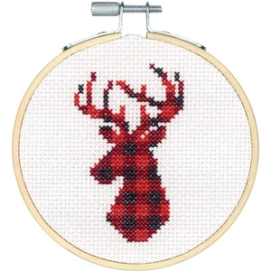 Dimensions Kit, Plaid Reindeer Christmas Cross Stitch, White 14 Count Aida, 4'' Embroidery Hoop Dimensions Kit, Plaid Reindeer Christmas Cross Stitch, White 14 Count Aida, 4'' Embroidery Hoop