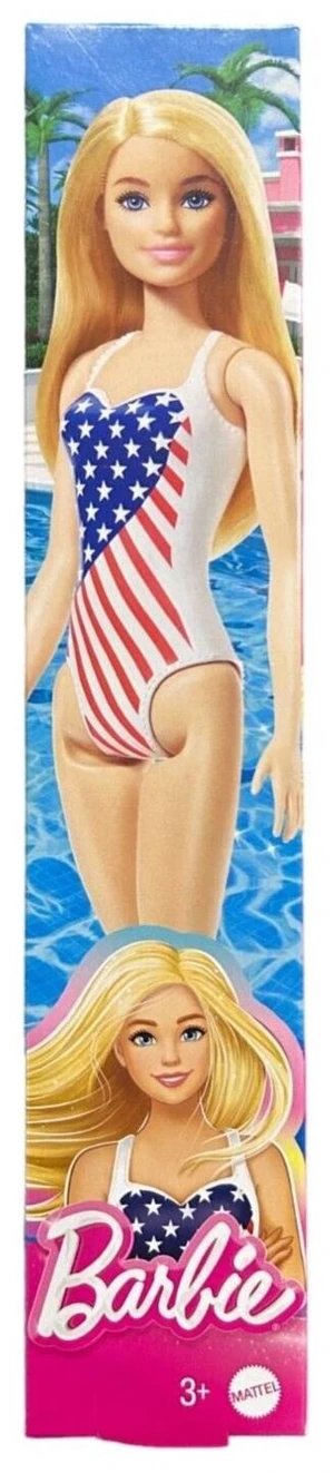 Barbie Doll Wearing American Flag Swimsuit, Barbie Pool and Beach Toys, Blonde Barbie Doll Wearing American Flag Swimsuit, Barbie Pool and Beach Toys, Blonde