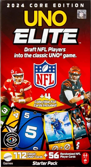 Mattel Games UNO Elite NFL Card Game, 2024 Officially Licensed Core Edition with 4 Collectible Foil Cards Featuring Team Players Mattel Games UNO Elite NFL Card Game, 2024 Officially Licensed Core Edition with 4 Collectible Foil Cards Featuring Team Players