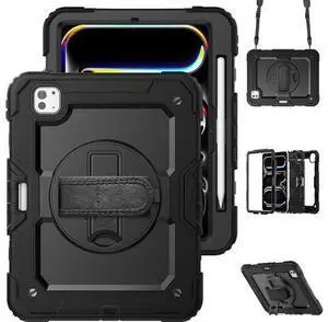 Case for 2024 iPad Pro 11-Inch M4 (2024, 5th Gen), 3 Layer Hybrid Shockproof Rugged Protective Case with 360° Rotating Stand - Hand Strap - Shoulder Strap - Pencil Holder,Black Case for 2024 iPad Pro 11-Inch M4 (2024, 5th Gen), 3 Layer Hybrid Shockproof Rugged Protective Case with 360° Rotating Stand - Hand Strap - Shoulder Strap - Pencil Holder,Black