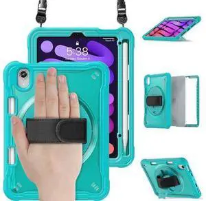 Case for iPad Mini 6 8.3 Inch 2021 with Pencil Holder Heavy Duty Rugged Shockproof Tablet Cover with 360° Rotating Hand Strap Foldable Hidden Stand & Shoulder Strap, Blue Case for iPad Mini 6 8.3 Inch 2021 with Pencil Holder Heavy Duty Rugged Shockproof Tablet Cover with 360° Rotating Hand Strap Foldable Hidden Stand & Shoulder Strap, Blue