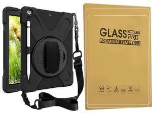Bundle-iPad 8th/7th Generation 10.2 Case with Tempered Glass Screen Protector Pencil Holder Kickstand Hand Strap and Shoulder Strap, Black Bundle-iPad 8th/7th Generation 10.2 Case with Tempered Glass Screen Protector Pencil Holder Kickstand Hand Strap and Shoulder Strap, Black
