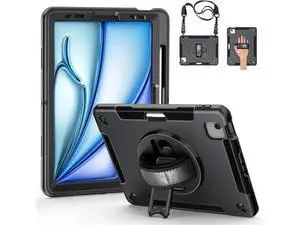 Case for 2024 iPad Air 11-Inch (M2, 6th Gen), 3 Layer Hybrid Shockproof Rugged Protective Case with 360° Rotating Stand - Hand Strap - Shoulder Strap - Pencil Holder,Black Case for 2024 iPad Air 11-Inch (M2, 6th Gen), 3 Layer Hybrid Shockproof Rugged Protective Case with 360° Rotating Stand - Hand Strap - Shoulder Strap - Pencil Holder,Black