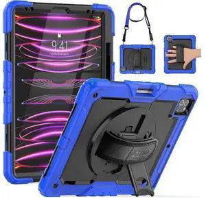 iPad Pro 12.9 Case 2022/2021/ 2020/2018, Heavy Duty Protection Shockproof Case with Screen Protector, Rotating Stand/Handle/Shoulder Strap for iPad 12.9" 6th/ 5th/ 4th/ 3rd Gen, Blue iPad Pro 12.9 Case 2022/2021/ 2020/2018, Heavy Duty Protection Shockproof Case with Screen Protector, Rotating Stand/Handle/Shoulder Strap for iPad 12.9" 6th/ 5th/ 4th/ 3rd Gen, Blue