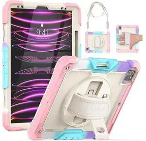 iPad Pro 12.9 Case 2022/2021/ 2020/2018, Heavy Duty Protection Shockproof Case with Screen Protector, Rotating Stand/Handle/Shoulder Strap, Supports Pencil 2 Charging, Colorful Pink iPad Pro 12.9 Case 2022/2021/ 2020/2018, Heavy Duty Protection Shockproof Case with Screen Protector, Rotating Stand/Handle/Shoulder Strap, Supports Pencil 2 Charging, Colorful Pink