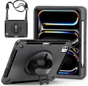 Case for iPad Pro 13-inch (M4) 2024 (7th Gen), 3 Layer Military Grade Shockproof Case with 360° Swivel Stand - Handle - Shoulder Strap - Pencil Holder,Black Case for iPad Pro 13-inch (M4) 2024 (7th Gen), 3 Layer Military Grade Shockproof Case with 360° Swivel Stand - Handle - Shoulder Strap - Pencil Holder,Black
