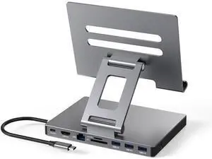 USB-C Docking Station with Foldable Aluminum Tablet Stand, Multiport Type C Hub and 9-in-1 Adapter for iPad Pro M4 M2 13 12.9 11 Inch 4K 60Hz HDMI, RJ45 Gigabit Ethernet, SD/TF 3 USB 3.0, 3.5 mm Audio USB-C Docking Station with Foldable Aluminum Tablet Stand, Multiport Type C Hub and 9-in-1 Adapter for iPad Pro M4 M2 13 12.9 11 Inch 4K 60Hz HDMI, RJ45 Gigabit Ethernet, SD/TF 3 USB 3.0, 3.5 mm Audio