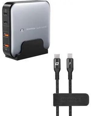 MOMAX USB C Charging Station, 100W GaN USB C Charger with 6.56ft Cord, Fast USB C PD Charger Hub with 2USB-C, 2USB-A, USB C to Lightning Cable Nylon Braided MFI 1ft Short Charging Syncing Cord MOMAX USB C Charging Station, 100W GaN USB C Charger with 6.56ft Cord, Fast USB C PD Charger Hub with 2USB-C, 2USB-A, USB C to Lightning Cable Nylon Braided MFI 1ft Short Charging Syncing Cord