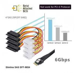 SM Slimline SAS 4.0 SFF-8654 4i 38pin Host to 4 SAS 29pin SFF-8482 Target Hard Disk Fanout Raid Cable SM Slimline SAS 4.0 SFF-8654 4i 38pin Host to 4 SAS 29pin SFF-8482 Target Hard Disk Fanout Raid Cable