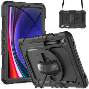 Heavy Duty Shockproof Case with Screen Protector, 360° Rotating Stand, Hand & Shoulder Strap for Samsung Galaxy Tab S10 FE / S9 FE 5G 10.9" / Tab S9 11", Black Heavy Duty Shockproof Case with Screen Protector, 360° Rotating Stand, Hand & Shoulder Strap for Samsung Galaxy Tab S10 FE / S9 FE 5G 10.9" / Tab S9 11", Black
