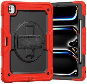 Heavy Duty Shockproof Protective Case with Screen Protector, 360° Rotating Stand, Hand & Shoulder Strap for iPad Pro 13 Inch 2024 M4 (7th Generation), Red Heavy Duty Shockproof Protective Case with Screen Protector, 360° Rotating Stand, Hand & Shoulder Strap for iPad Pro 13 Inch 2024 M4 (7th Generation), Red