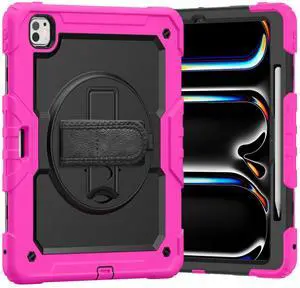 Heavy Duty Shockproof Protective Case with Screen Protector, 360° Rotating Stand, Hand & Shoulder Strap for iPad Pro 13 Inch 2024 M4 (7th Generation), Rose Heavy Duty Shockproof Protective Case with Screen Protector, 360° Rotating Stand, Hand & Shoulder Strap for iPad Pro 13 Inch 2024 M4 (7th Generation), Rose
