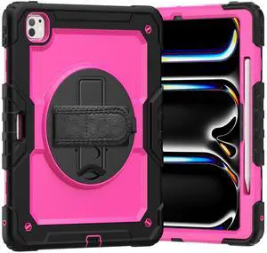Heavy Duty Shockproof Protective Case with Screen Protector, 360° Rotating Stand, Hand & Shoulder Strap for iPad Pro 13 Inch 2024 M4 (7th Generation), RosePC Heavy Duty Shockproof Protective Case with Screen Protector, 360° Rotating Stand, Hand & Shoulder Strap for iPad Pro 13 Inch 2024 M4 (7th Generation), RosePC
