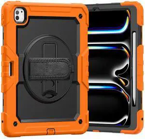 Heavy Duty Shockproof Protective Case with Screen Protector, 360° Rotating Stand, Hand & Shoulder Strap for iPad Pro 13 Inch 2024 M4 (7th Generation), Orange Heavy Duty Shockproof Protective Case with Screen Protector, 360° Rotating Stand, Hand & Shoulder Strap for iPad Pro 13 Inch 2024 M4 (7th Generation), Orange