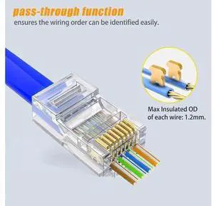 RJ45 Cat6 Cat6a Connector Pass Through 23AWG 100-PACK Gold Plated 8P8C Ethernet Ends for Unshielded Twisted Pair Solid Wire & Standard Cables RJ45 Cat6 Cat6a Connector Pass Through 23AWG 100-PACK Gold Plated 8P8C Ethernet Ends for Unshielded Twisted Pair Solid Wire & Standard Cables