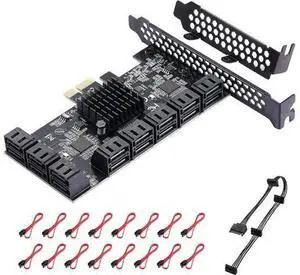 PCle 16-Port SATA III Controller Expansion Card, 6Gbps X1/X4/X8/X16, Supports 16 SATA Devices with Cables and Low Profile Bracket (ASM1064 Chip) PCle 16-Port SATA III Controller Expansion Card, 6Gbps X1/X4/X8/X16, Supports 16 SATA Devices with Cables and Low Profile Bracket (ASM1064 Chip)