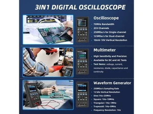 Hantek 2D72 Oscilloscope, 2+1 CH 70MHz with Waveform Generator and Multimeter 3 in 1 Multifunction Tester 2CH+AFG+DMM Scope Hantek 2D72 Oscilloscope, 2+1 CH 70MHz with Waveform Generator and Multimeter 3 in 1 Multifunction Tester 2CH+AFG+DMM Scope