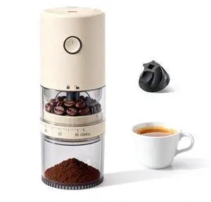 Portable Electric Burr Coffee Grinder - Grind While Charging - Visual Bean Hopper - 38 External Grind Settings - 1.8X Faster Grinding - 2000 mAh Battery for Travel, Camping - Light Beige Portable Electric Burr Coffee Grinder - Grind While Charging - Visual Bean Hopper - 38 External Grind Settings - 1.8X Faster Grinding - 2000 mAh Battery for Travel, Camping - Light Beige