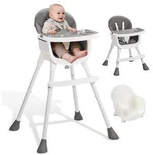 3-in-1 Baby High Chair, Portable Adjustable Height Highchair with Removable Dual-Layer Tray, 5-Point Safety Harness and Footrest for Toddlers & Babies, Grey 3-in-1 Baby High Chair, Portable Adjustable Height Highchair with Removable Dual-Layer Tray, 5-Point Safety Harness and Footrest for Toddlers & Babies, Grey