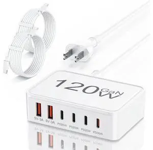 USB C Charger Block 120W GaN 6-Port Charging Station 5FT Cord Type C Charger Fast Charging for iPhone 17/16/15/14 iPad Galaxy Pixel etc USB C Charger Block 120W GaN 6-Port Charging Station 5FT Cord Type C Charger Fast Charging for iPhone 17/16/15/14 iPad Galaxy Pixel etc