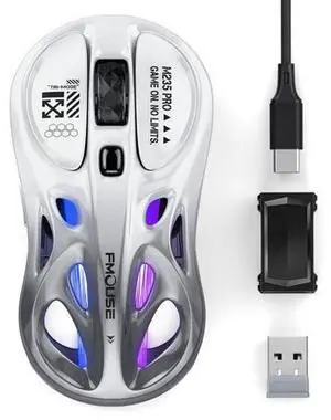 FMOUSE Tri-Mode Wireless Mouse (2.4G/Bluetooth/Wired), Hollow Design, RGB, 4800 DPI, Rechargeable Type-C for Mac/Laptop/iPad (Gaming/Office) - White & Gray Gradient FMOUSE Tri-Mode Wireless Mouse (2.4G/Bluetooth/Wired), Hollow Design, RGB, 4800 DPI, Rechargeable Type-C for Mac/Laptop/iPad (Gaming/Office) - White & Gray Gradient