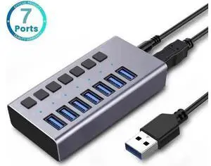Powered USB Hub, 7-Port USB 3.0 Hub with 5Gbps 7 USB 3.0 Ports, Individual Switches and 12V3A Power Adapter, Aluminum USB Port Expander for Laptop/PC Powered USB Hub, 7-Port USB 3.0 Hub with 5Gbps 7 USB 3.0 Ports, Individual Switches and 12V3A Power Adapter, Aluminum USB Port Expander for Laptop/PC