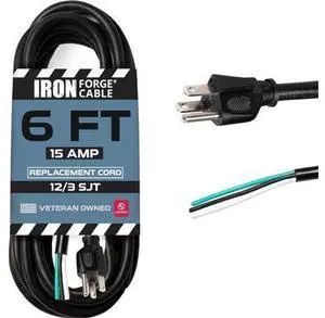 Iron Forge Cable 12 Gauge Power Cord Replacement - 6ft 15 Amp Black Heavy Duty 12/3 SJT 3 Prong Cable - for Appliances & Power Tools NEMA 5-15P Iron Forge Cable 12 Gauge Power Cord Replacement - 6ft 15 Amp Black Heavy Duty 12/3 SJT 3 Prong Cable - for Appliances & Power Tools NEMA 5-15P