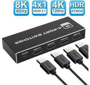 JVFYI HDMI Switch 4k 120Hz, 8k HDMI Auto Switch with IR Remote Control, HDMI Switch 4 in 1 Out, HDMI 2.1 Switch Supports 8k 60Hz, HDR 10, Dolby Atmos, Compatible for QLED Tv Ps5, Xbox X, Fire Stick JVFYI HDMI Switch 4k 120Hz, 8k HDMI Auto Switch with IR Remote Control, HDMI Switch 4 in 1 Out, HDMI 2.1 Switch Supports 8k 60Hz, HDR 10, Dolby Atmos, Compatible for QLED Tv Ps5, Xbox X, Fire Stick
