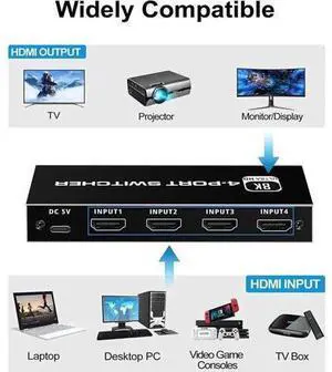 JVFYI HDMI Switch 4k 120Hz, 8k HDMI Auto Switch with IR Remote Control, HDMI Switch 4 in 1 Out, HDMI 2.1 Switch Supports 8k 60Hz, HDR 10, Dolby Atmos, Compatible for QLED Tv Ps5, Xbox X, Fire Stick JVFYI HDMI Switch 4k 120Hz, 8k HDMI Auto Switch with IR Remote Control, HDMI Switch 4 in 1 Out, HDMI 2.1 Switch Supports 8k 60Hz, HDR 10, Dolby Atmos, Compatible for QLED Tv Ps5, Xbox X, Fire Stick