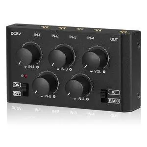 MC5-BX Mini Audio Mixer: 4-Channel Ultra Low-Noise Stereo Line Mixer for Home Studio Bar, Active & Passive Modes, Portable Metal Design for Musicians DJs MC5-BX Mini Audio Mixer: 4-Channel Ultra Low-Noise Stereo Line Mixer for Home Studio Bar, Active & Passive Modes, Portable Metal Design for Musicians DJs