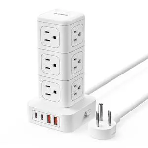 Tower Power Strip with Surge Protection, Charging Station Tower with 12 AC Outlets 4 USB Ports (2 USB C), Space Saving Design, 5FT Tower Extension Cord for Home, Office, Dorm - TPP20 Tower Power Strip with Surge Protection, Charging Station Tower with 12 AC Outlets 4 USB Ports (2 USB C), Space Saving Design, 5FT Tower Extension Cord for Home, Office, Dorm - TPP20
