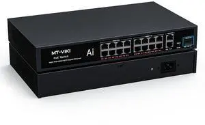 Full Gigabit PoE Switch, 19-Port IEEE 802.3at/af Unmanaged Network Switch with 300W Total Power (16 PoE+ 30W, 2 Uplink, 1 SFP Fiber), 6KV, AI Watchdog, Port VLAN, Plug & Play Full Gigabit PoE Switch, 19-Port IEEE 802.3at/af Unmanaged Network Switch with 300W Total Power (16 PoE+ 30W, 2 Uplink, 1 SFP Fiber), 6KV, AI Watchdog, Port VLAN, Plug & Play