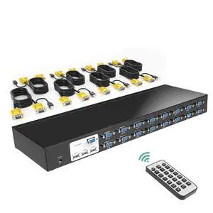 16 Port KVM Switch, 16X1 Rackmount KVM Switch VGA, Included 16 KVM Cables & Remote, Fit 1U 19'' Rack 16 Port KVM Switch, 16X1 Rackmount KVM Switch VGA, Included 16 KVM Cables & Remote, Fit 1U 19'' Rack